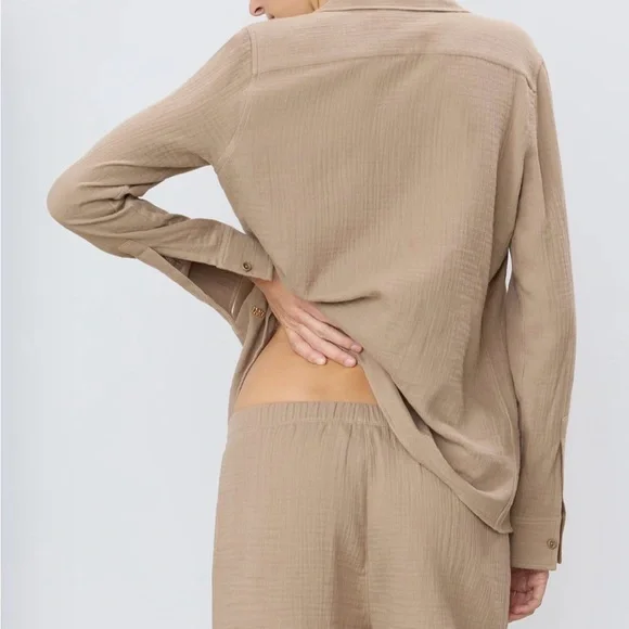 ÉTERNE Gauze Button-Up Top – Taupe – Size Small – New With Tags - Picture 2 of 9